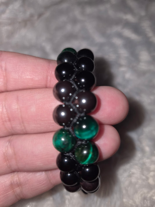 Green Double Band Tiger Eye - Obsidian - Hematite Bracelet