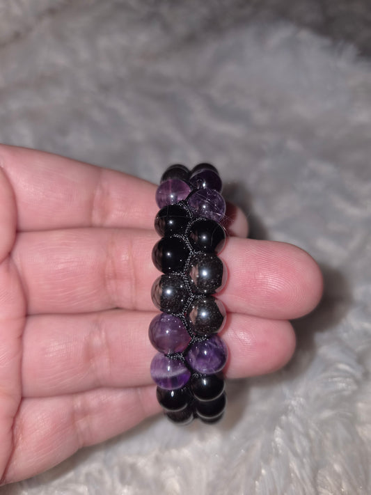 Purple Double Band Tiger Eye - Obsidian - Hematite Bracelet