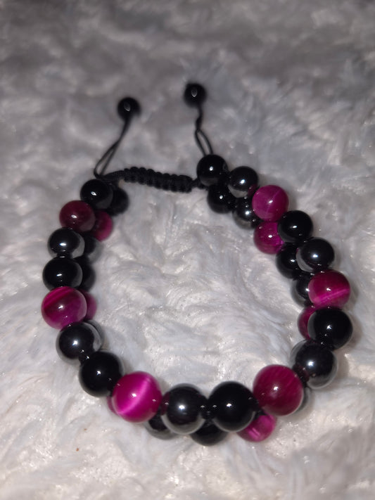 Pink Double Band Tiger Eye - Obsidian - Hematite Bracelet