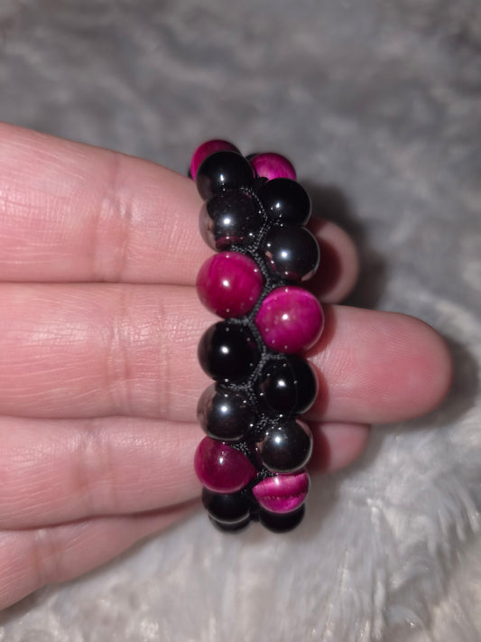 Pink Double Band Tiger Eye - Obsidian - Hematite Bracelet