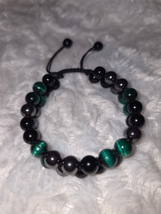 Green Double Band Tiger Eye - Obsidian - Hematite Bracelet