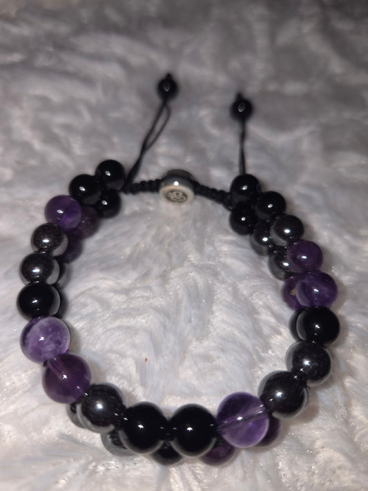 Purple Double Band Tiger Eye - Obsidian - Hematite Bracelet