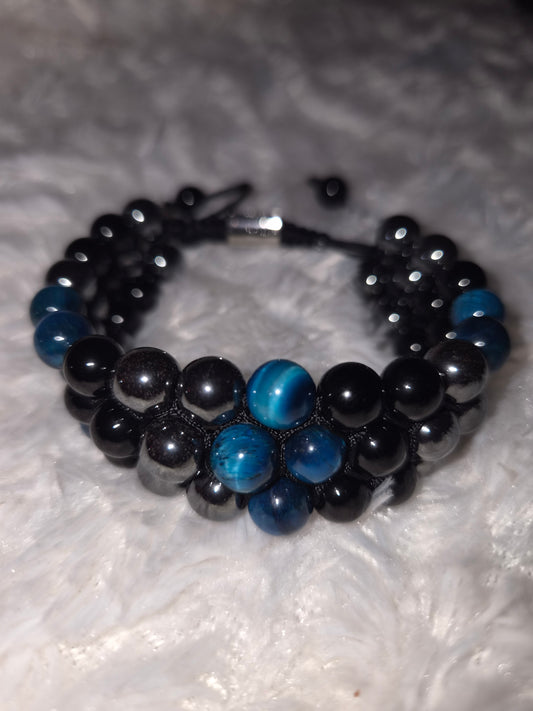 Blue Tiger Eye - Obsidian - Hematite - Triple Band Bracelet