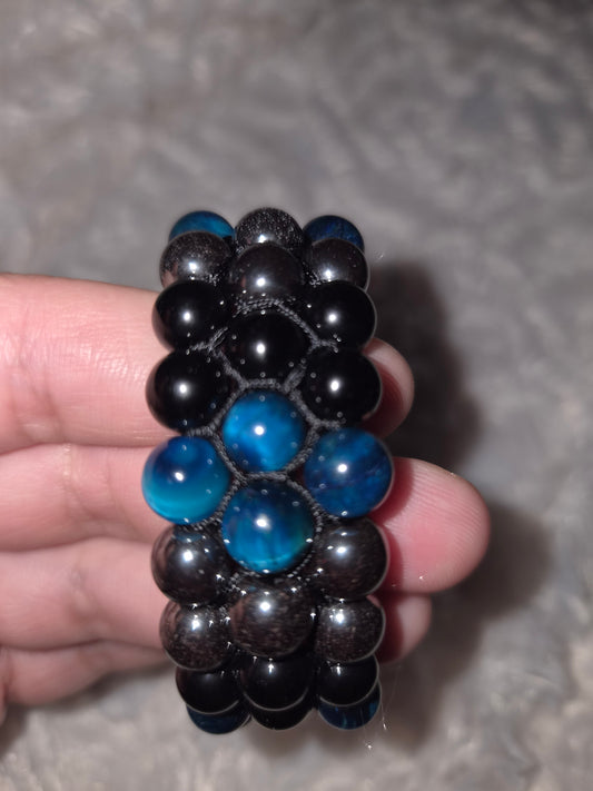 Blue Tiger Eye - Obsidian - Hematite - Triple Band Bracelet